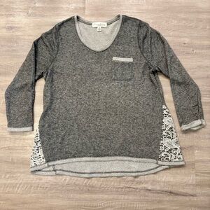 French Laundry Gray Knit Sweater Lace Side Panels Hi Low Hem Long Sleeve Top 2XL
